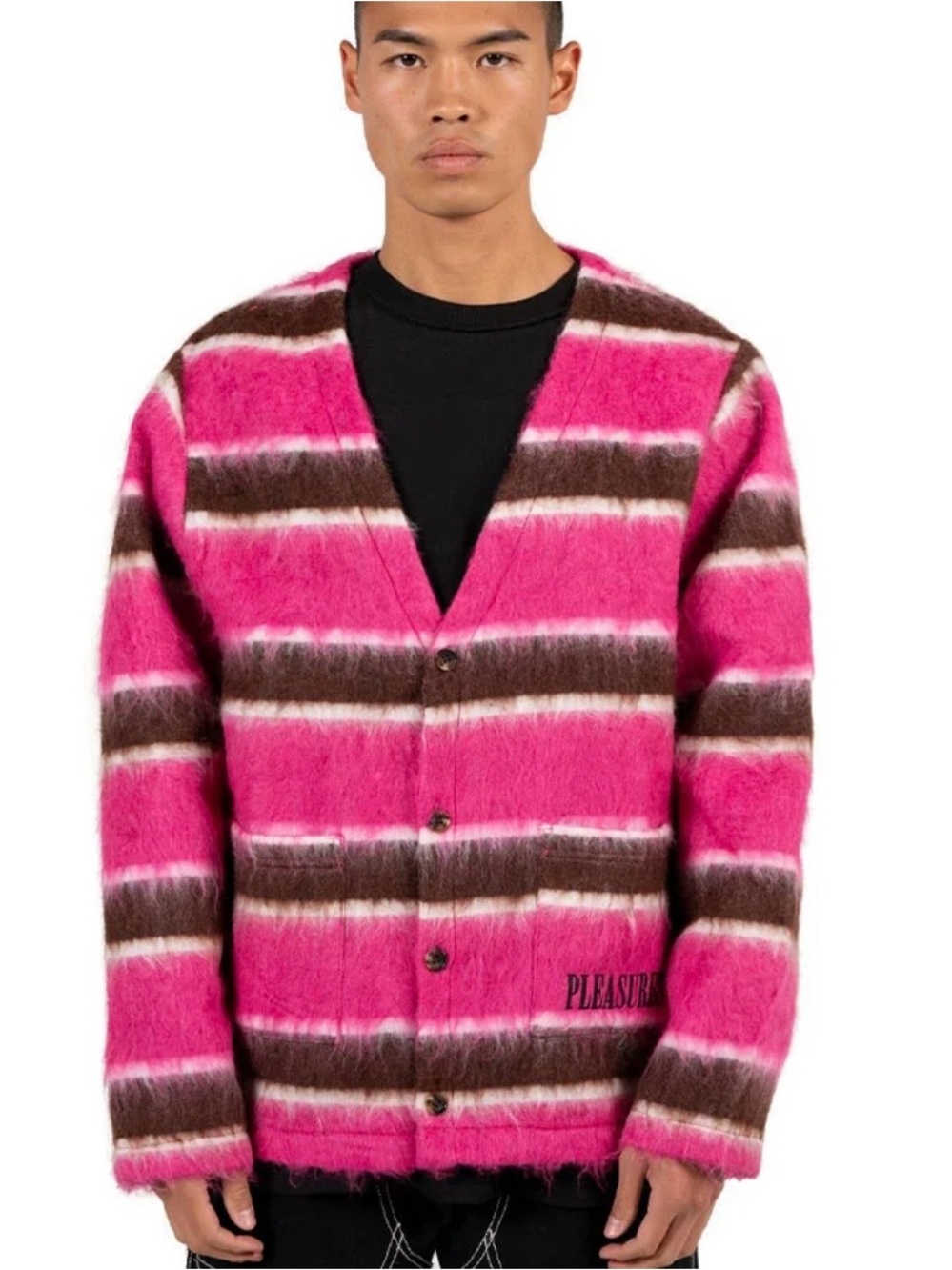 Striped Pink and Brown V-Neck Cardigan Sweater